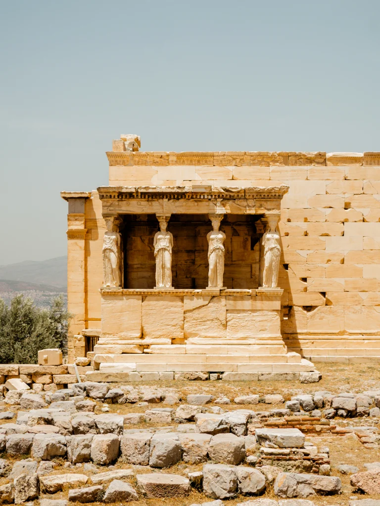 The Porch of the Caryatids with sculpted female statues at the Erechtheion temple on the Acropolis in Athens